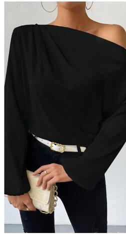 Oblique Shoulder Design Long Sleeve Shirt Women Asymmetric Pullover Top Solid Color Satin Long