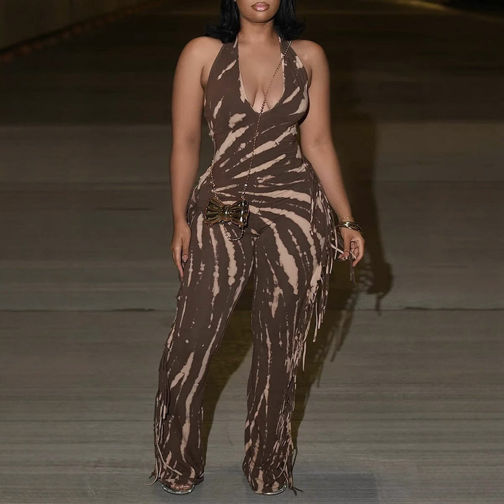 Elegant Sexy Slim Fit Stretch Backless Tassel Printed Halter Strap Micro Pull Jumpsuit