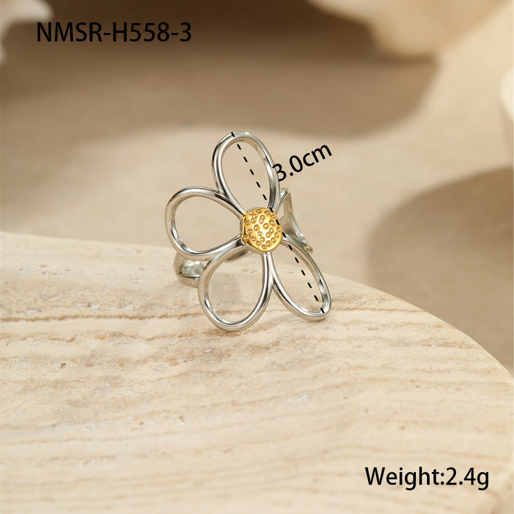 Gold Silver Color Matching Hollow Out Cutout out Floral Titanium Steel Ring Stainless Steel Earrings Mild Luxury Retro Earrings Hand Jewelry