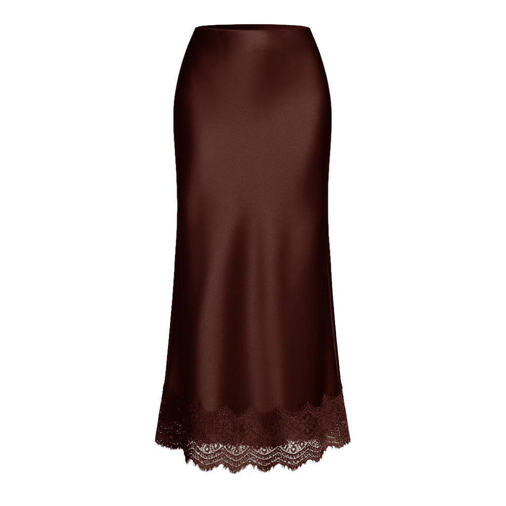 Women Clothing Lace Satin Skirt High Waist Elastic Elegant Sheath Skirt