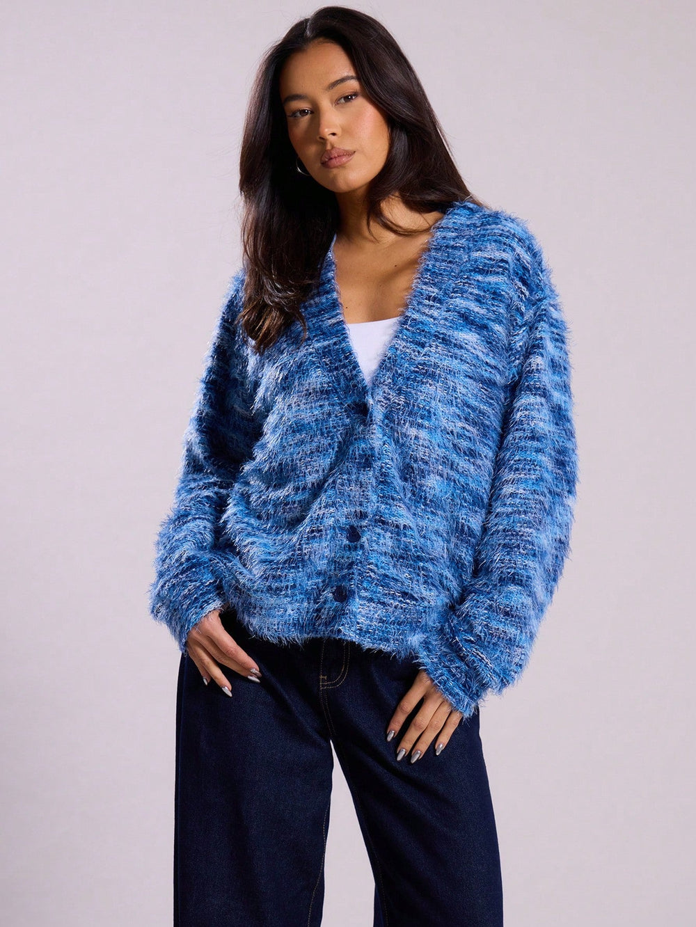 Retro Deep V Plunge neck Design Maillard Plush Long Sleeve Cardigan