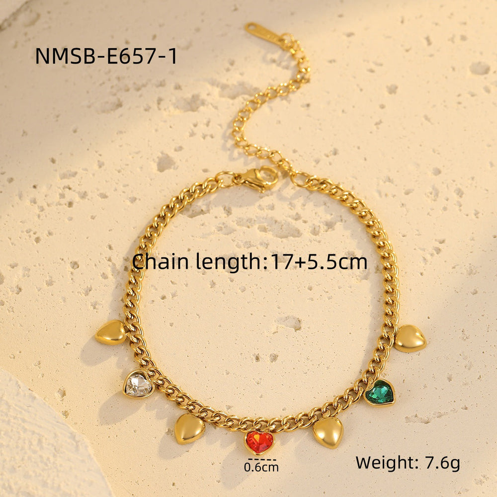 Classic All Match Stainless Steel Bracelet High Grade Colored Loving Heart Geometric Abstract Rhinestone Tassel Titanium Steel Jewelry