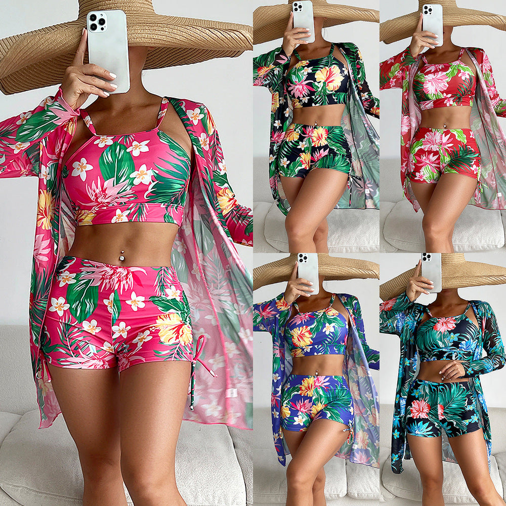 Swimsuit Women Split Three Piece Boxer Shorts Printing Mesh Red Conservative Swimsuit