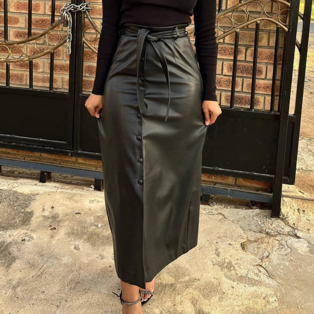 Women Clothing Autumn Winter Mid-Length Black Faux Leather Bag Buckle Slit Leather Skirt Containing Belt
