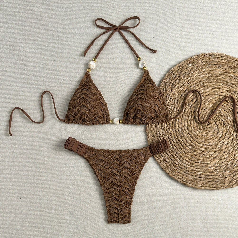 Special String Beads Texture Surface Sexy Lacing Split Swimsuit Bikini