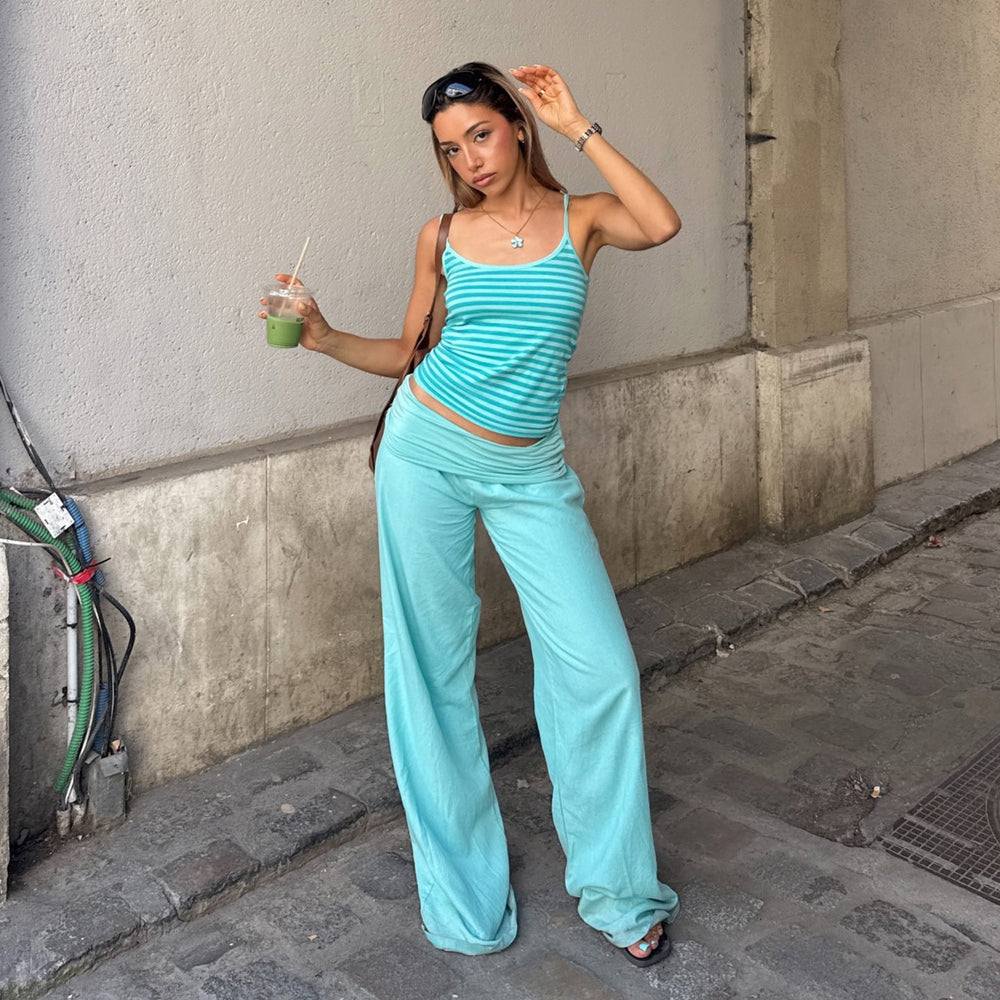 Women Clothing Mint Green Striped Street Suspender Trousers Two Piece Sets Summer