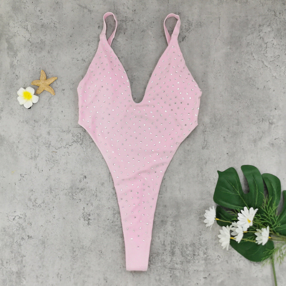 Sexy Backless One Piece T Shaped High Slit Triangle One Piece Swimsuit Women Solid Color Diamond