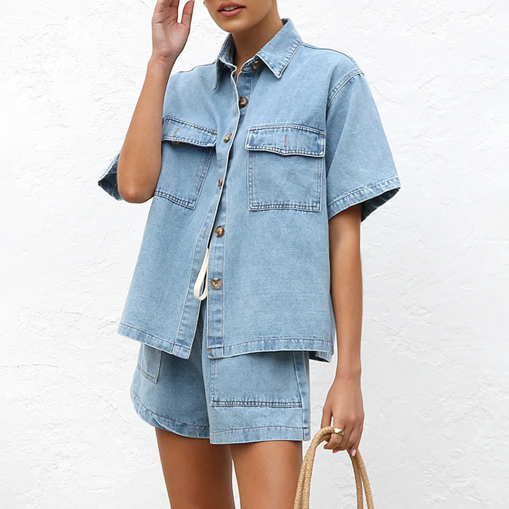 Retro Casual Loose Pockets Short Sleeved Shirt Shorts Denim Two Piece Sets