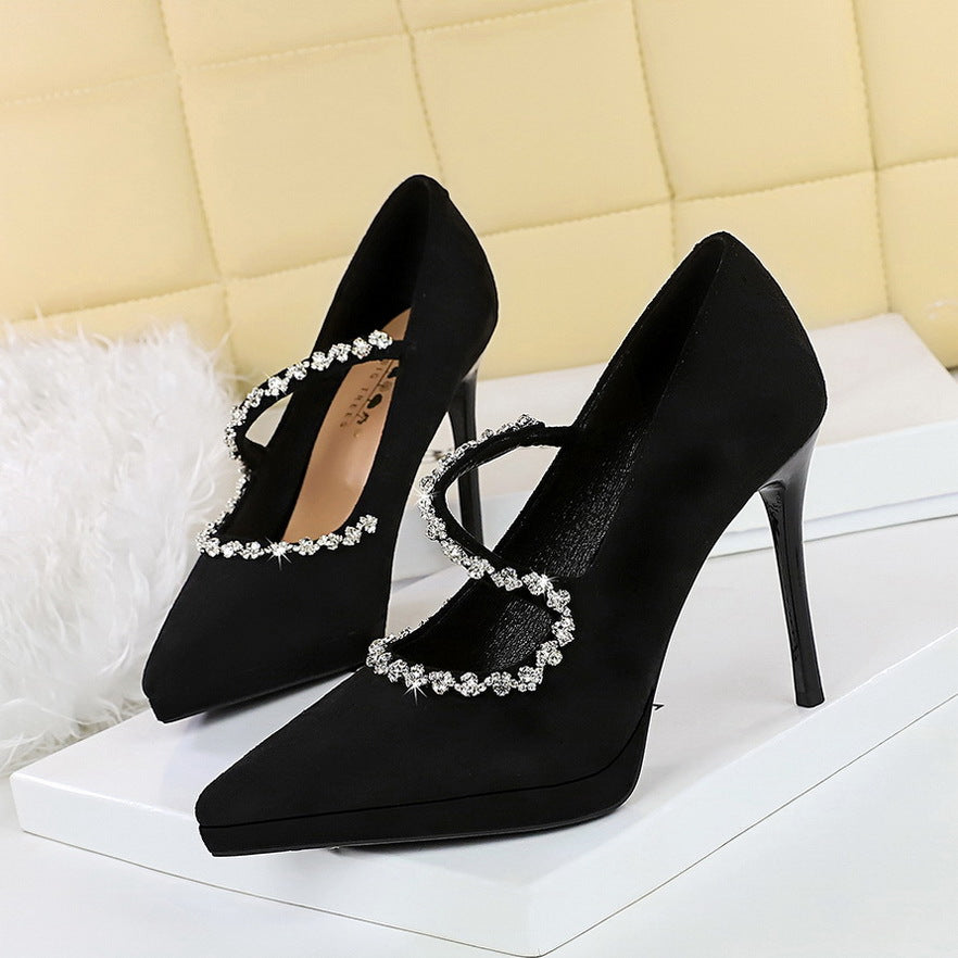 Cocktail High Heels Stiletto Low Cut Suede Pointed Toe Waterproof Platform Rhinestone Ankle Strap High Heel Pumps