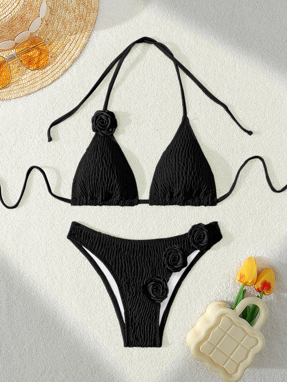 Bandage Sexy Split Swimsuit 3D Three Dimensional Floral Bikini Women Surfing Beach Wear
