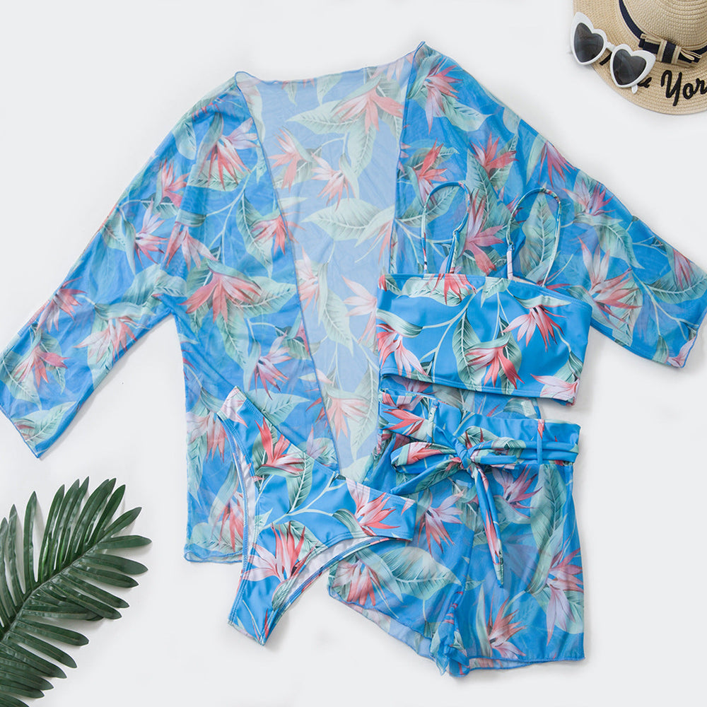 Swimsuit Women Split Three Piece Suit High Waist Long Sleeves Boxers Bikini