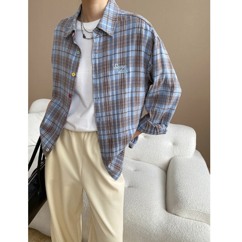 Early Autumn Color Button Design Loose All Cotton Plaid Long Sleeve Shirt