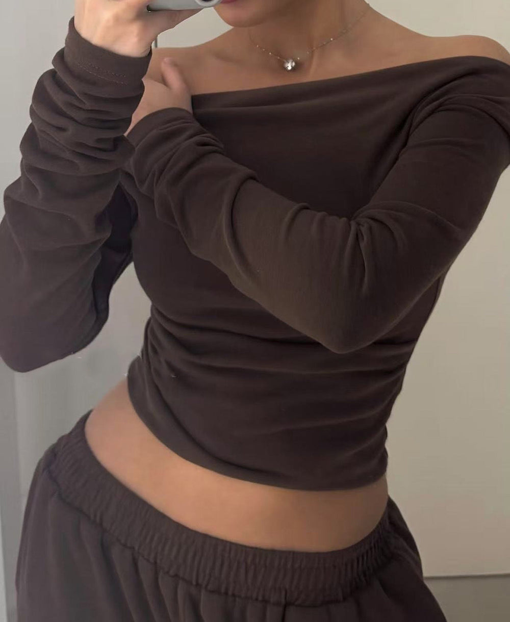 Fall off Neck Asymmetric Hem Long T shirt Straight Leg Trousers Casual Two Piece Sets