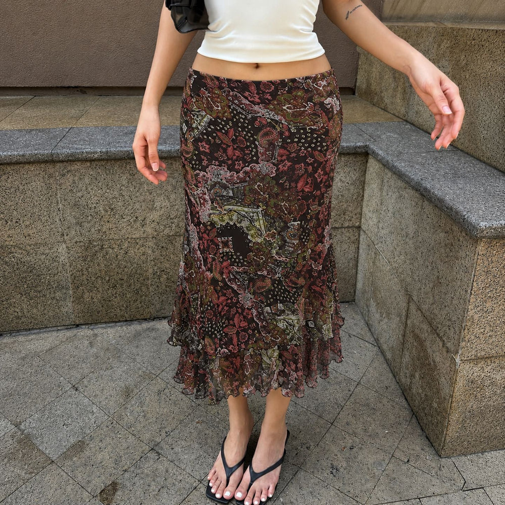 Retro Ethnic Print Wooden Ear Mesh Skirt Summer Niche Artistic Sense Vacation Sheath Skirt Women