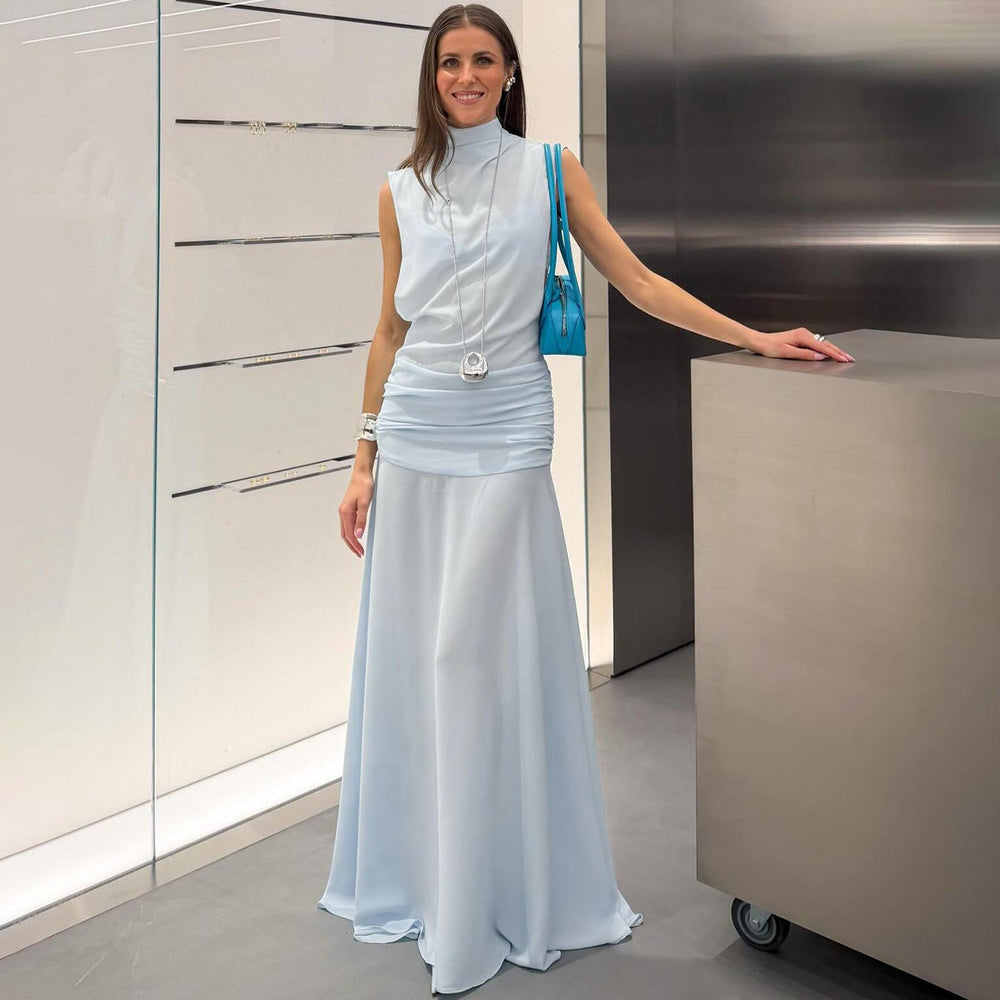 Spring Women Solid Color Slim Fit Elegant Graceful Stand Collar Sleeveless High Waist Sexy Dress