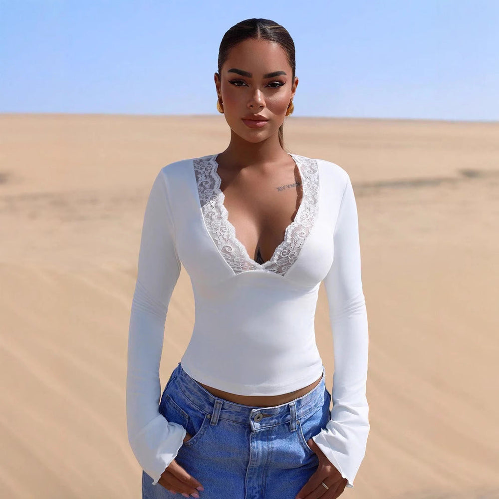 V neck Stitching Lace Sexy Long Sleeve Slim Fit Top