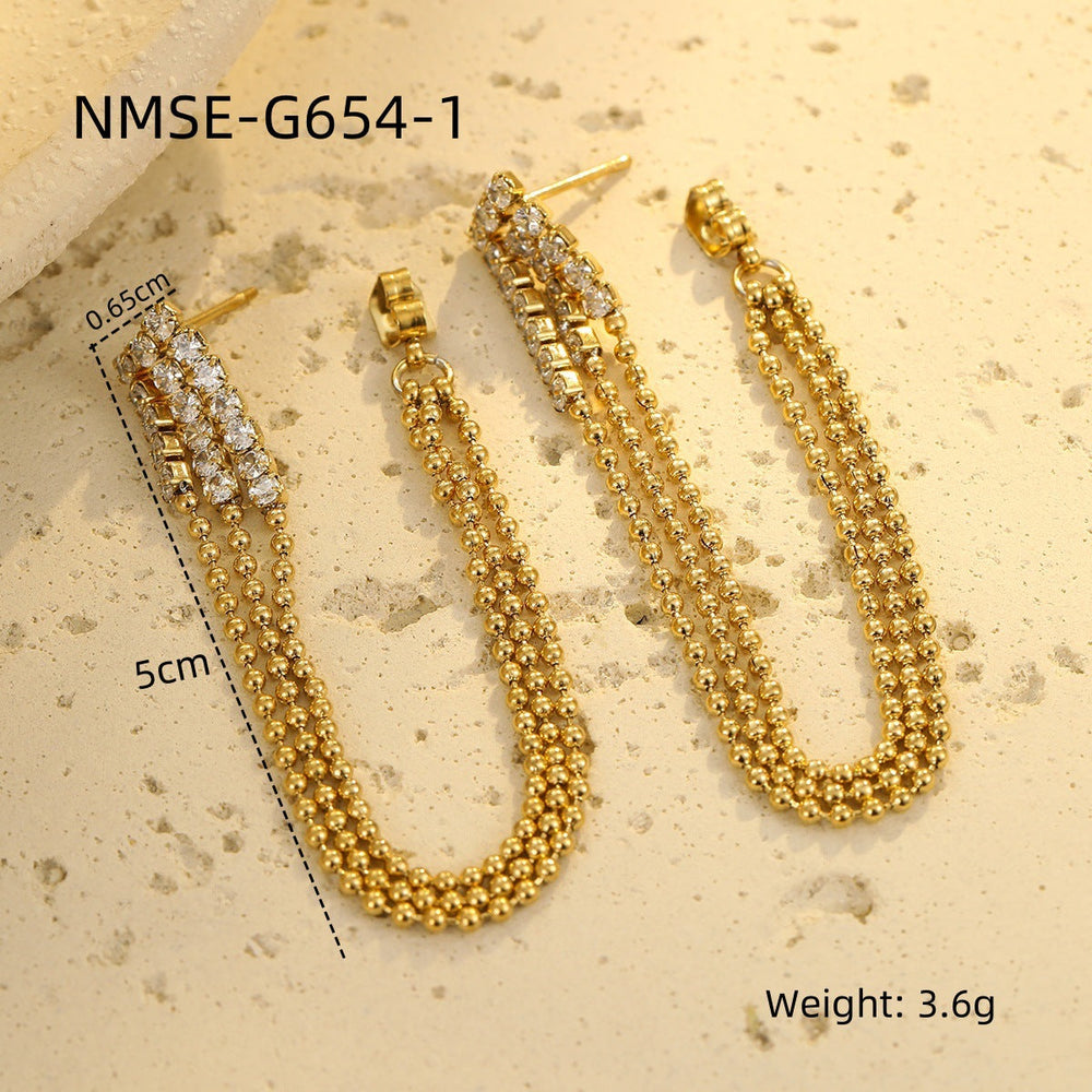 Niche High Grade Stainless Steel Earrings Zircon Tassel Temperamental Personality 18K Gold Titanium Steel Earrings