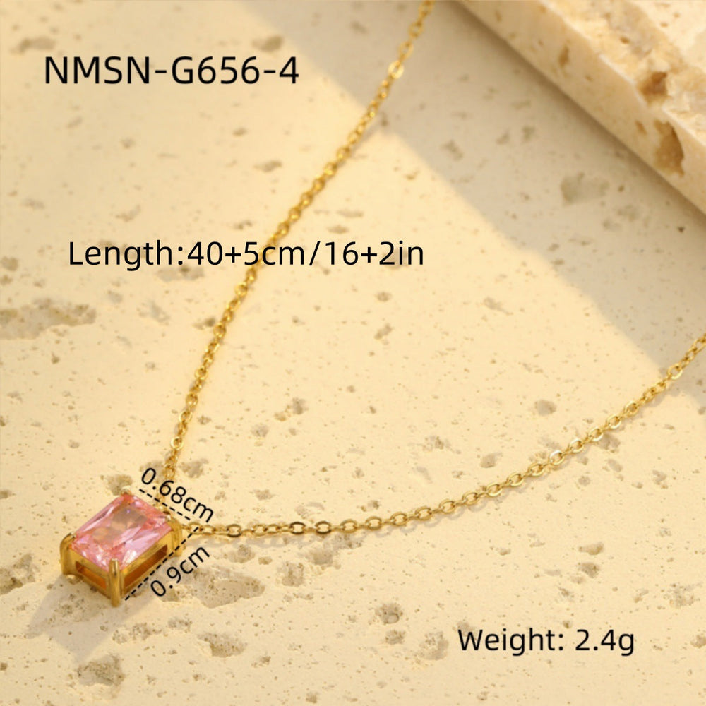 Light Luxury High Grade Stainless Steel Necklace Square Zircon Embellished Simple All Match Women Titanium Steel Clavicle Chain