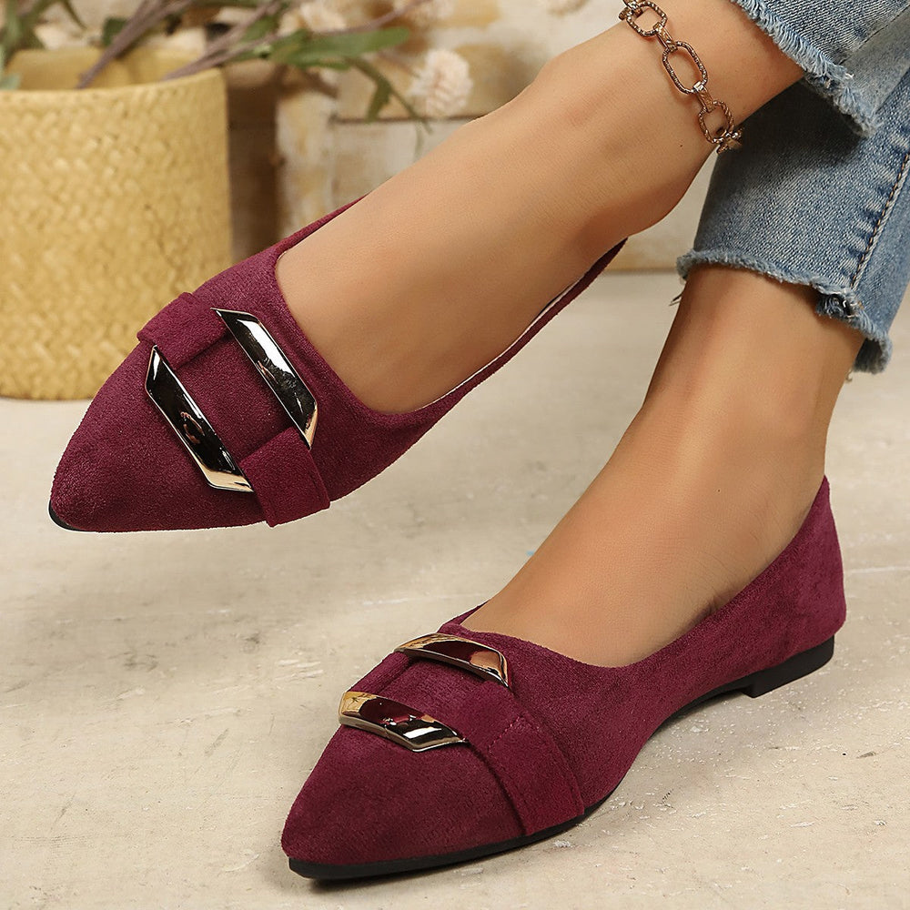 Shallow Mouth Suede Metal Buckle Flat Pumps Women Soft Bottom Office Work Gommino