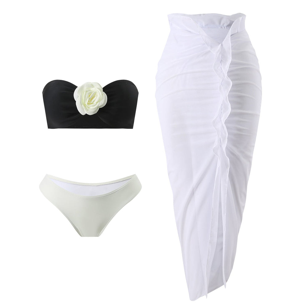 Color Matching Sexy Rose Three Piece Set Mesh Maxi Dress Swimwear Swimsuit Bikini