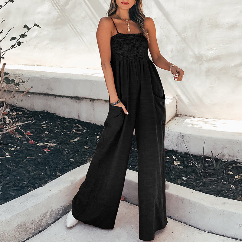 Women Clothing Solid Color Sling Pleating Casual Office High Waist Jumpsuit
