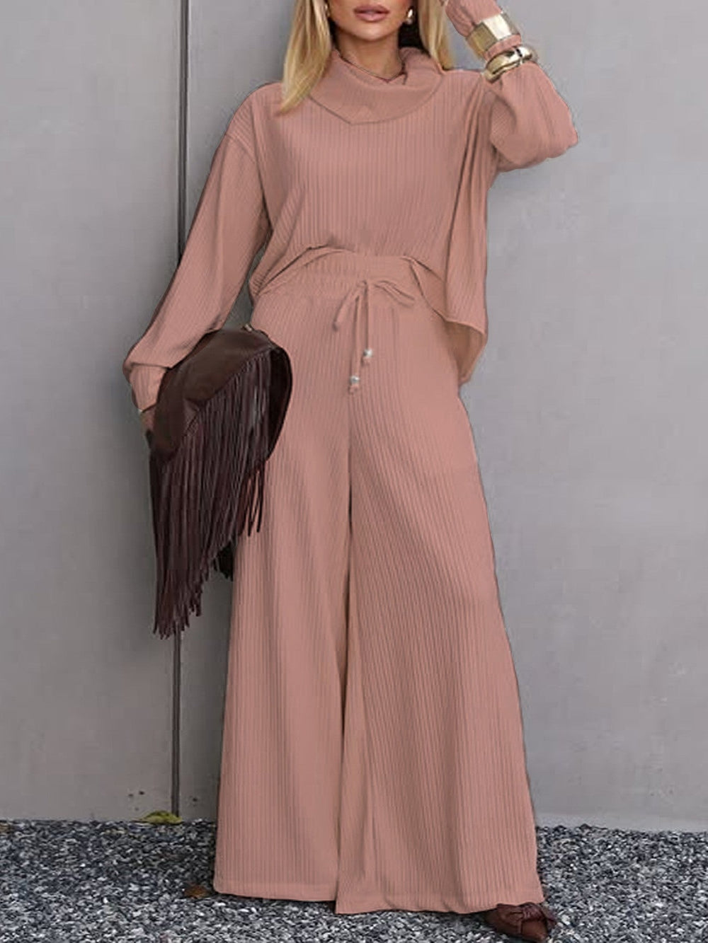 Women Clothing Casual Turtleneck Long Sleeve Loose Fitting Wide Leg Trousers Casual Two Piece Sets Autumn Winter