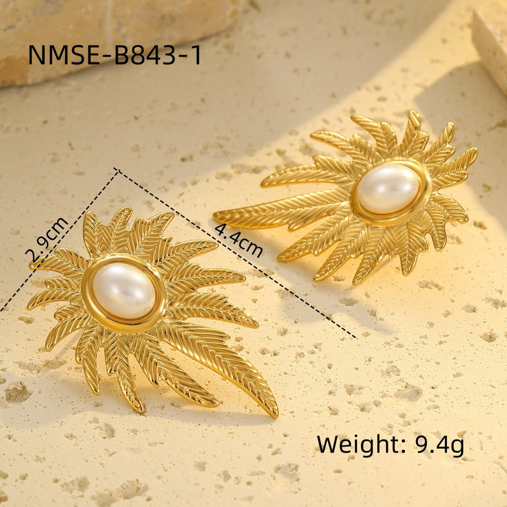 Gold Titanium Steel Petal Pearl Non Fading Stainless Steel Earrings Earrings
