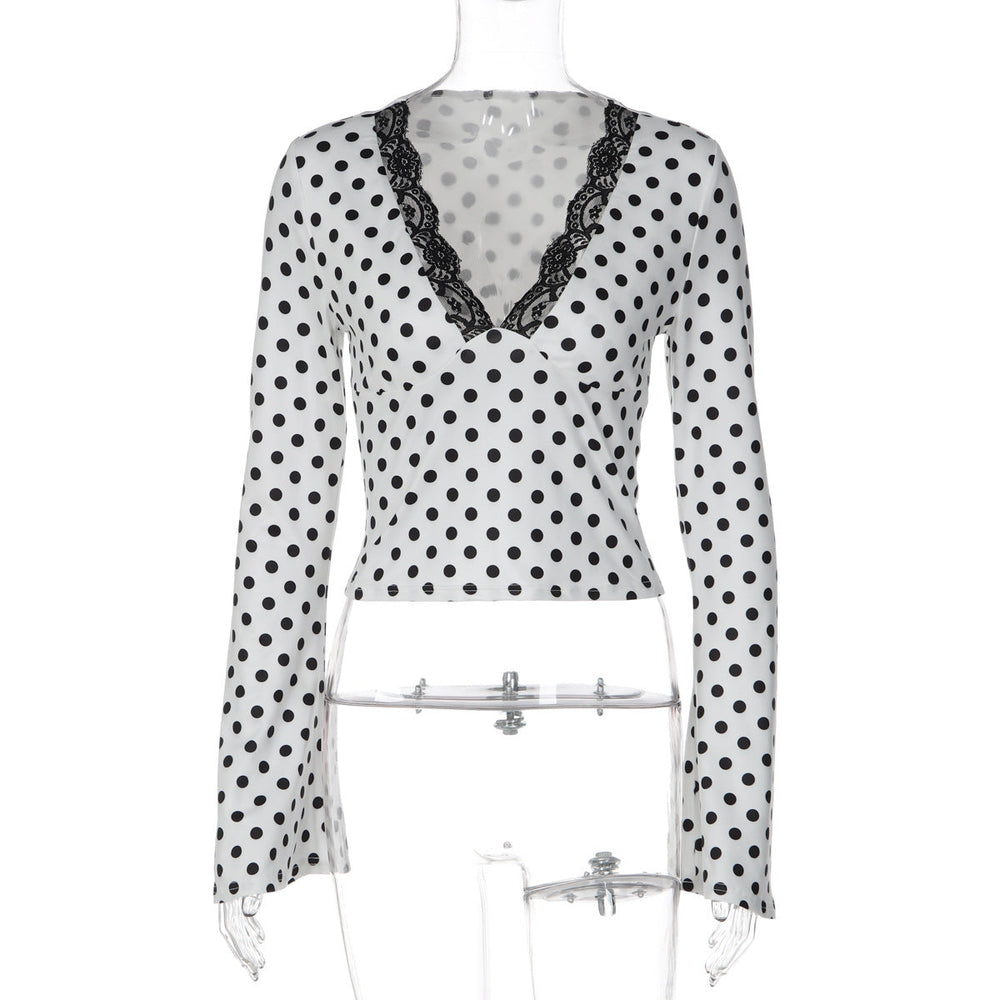 French Polka Dot Printed Top Summer Casual V neck Lace Ruffled Short Sleeves T shirt Women