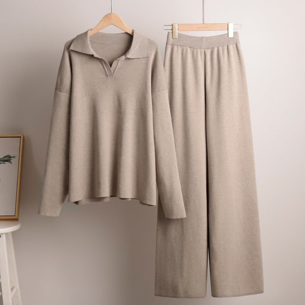 Knitting Suit Autumn Winter Sweater Polo Collar Knitted Pullover Wide Leg Trousers Two Piece Set