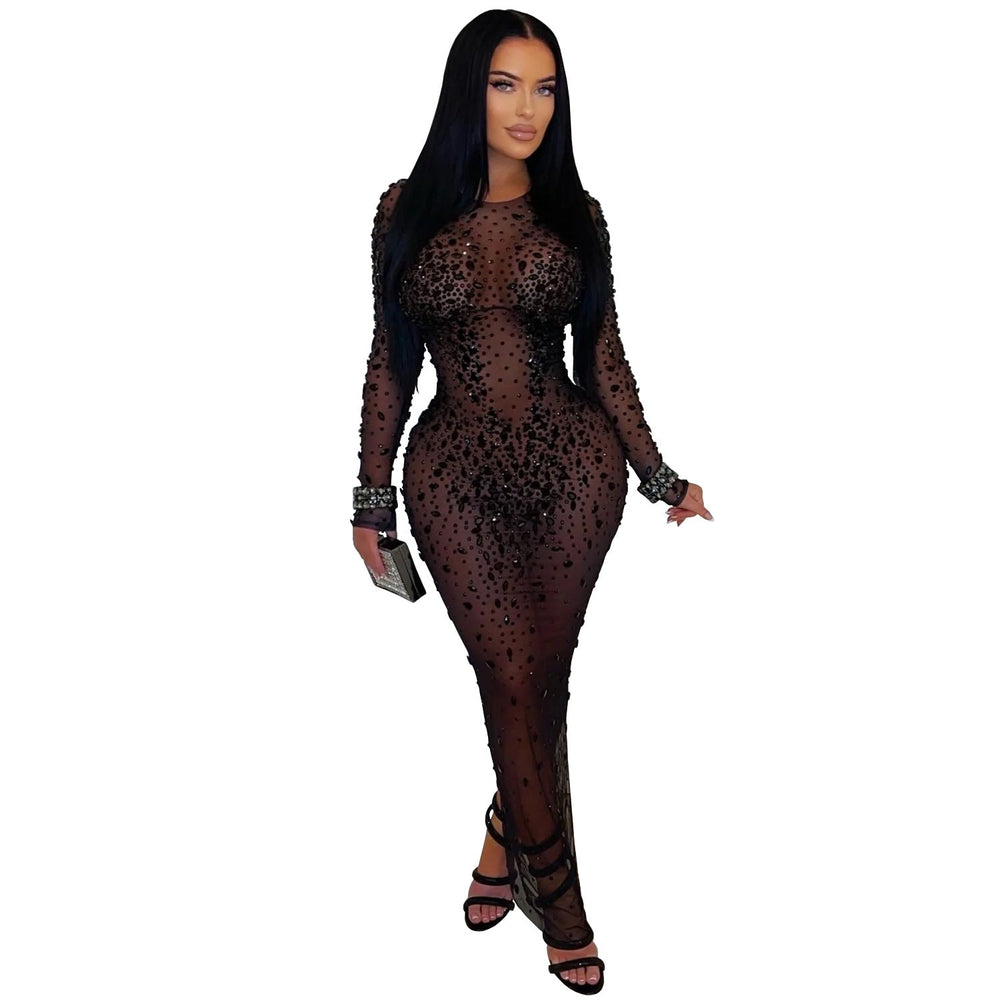 Women Wear Sexy Sheer Mesh Rhinestone Sheath Dress