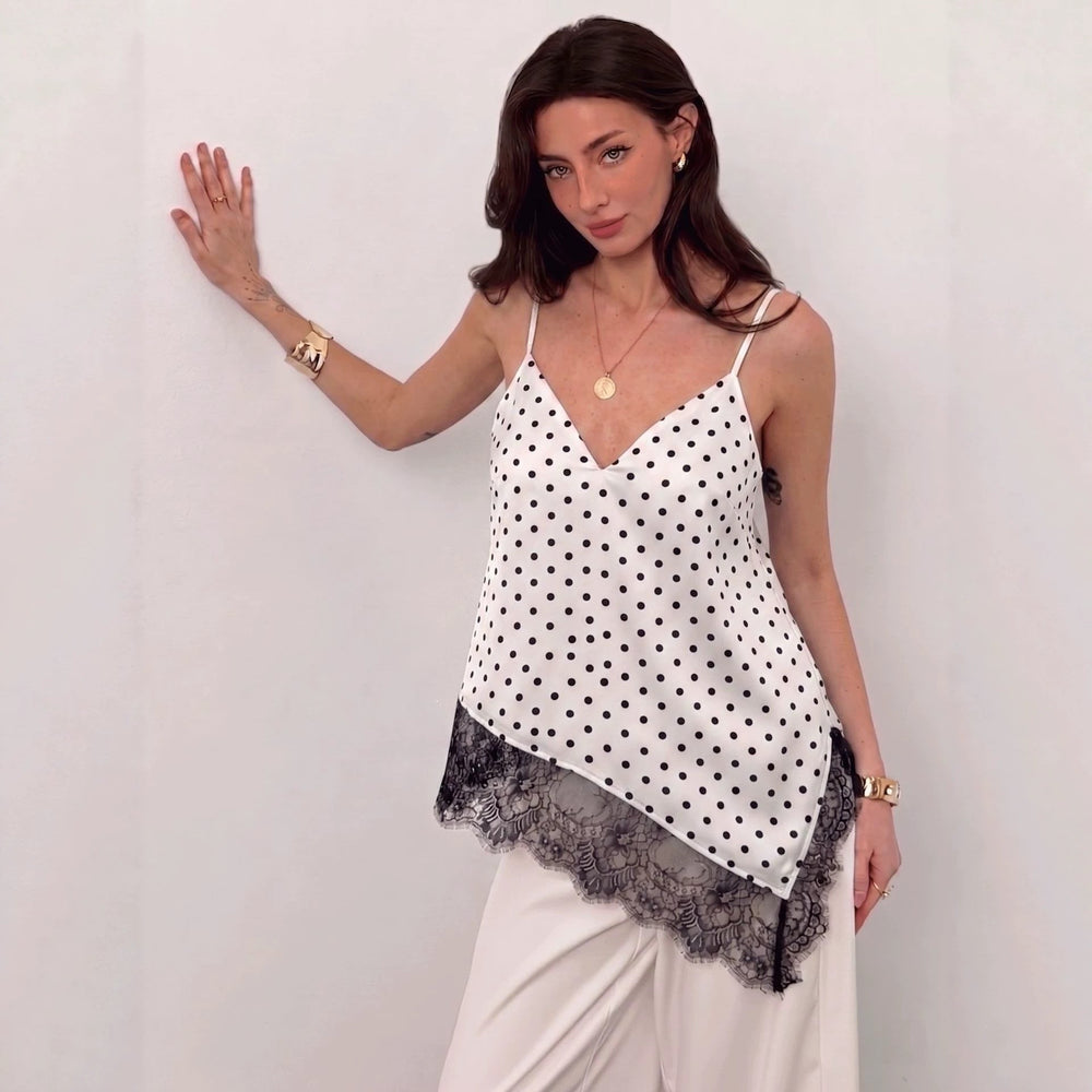 V neck Irregular Asymmetric Lace Patchwork Top Loose Camisole