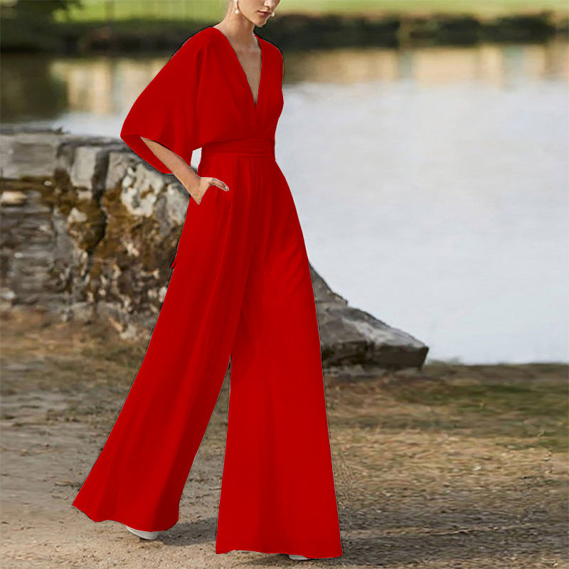 Winter Women Dress Jumpsuit Deep V Plunge High Waist Wide Leg Trousers