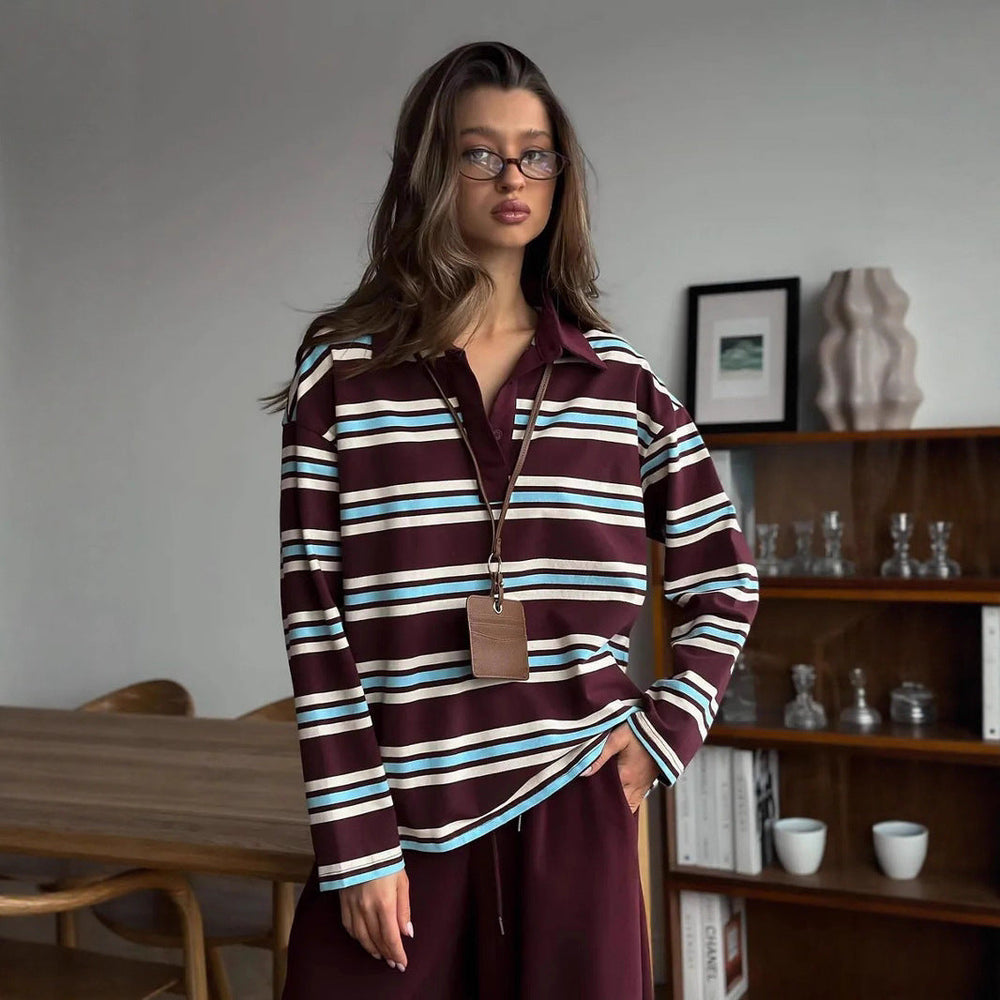 Long Sleeved Striped T shirt Women Spring Summer Polo Collar Loose T shirt Trendy Retro Bottoming T shirt