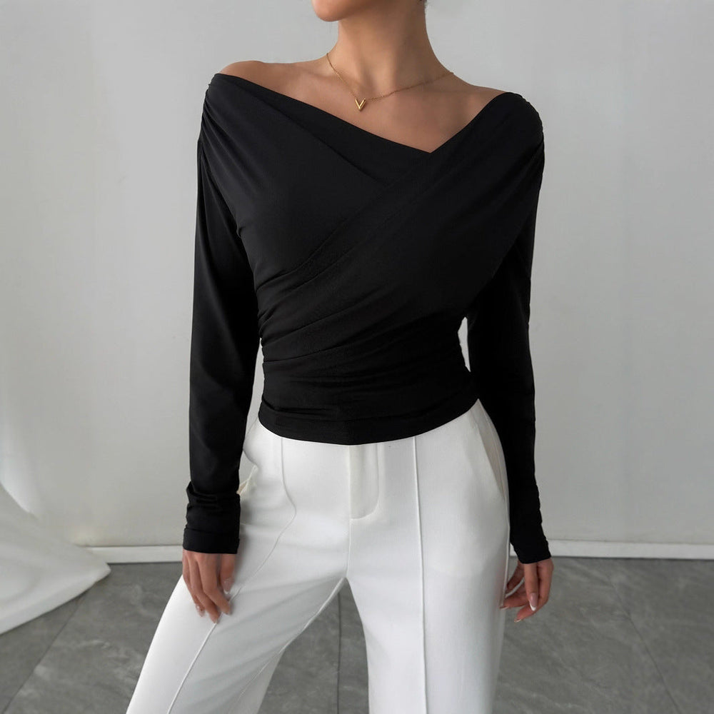 Autumn Winter Solid Color Shoulder Collar Shoulder Baring Slimming Long Sleeve All Match Office Top