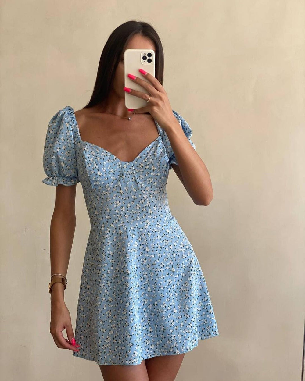 Spring Summer Wear Women Clothing Lace up Vintage Floral High Waist Puff Sleeve French Dress