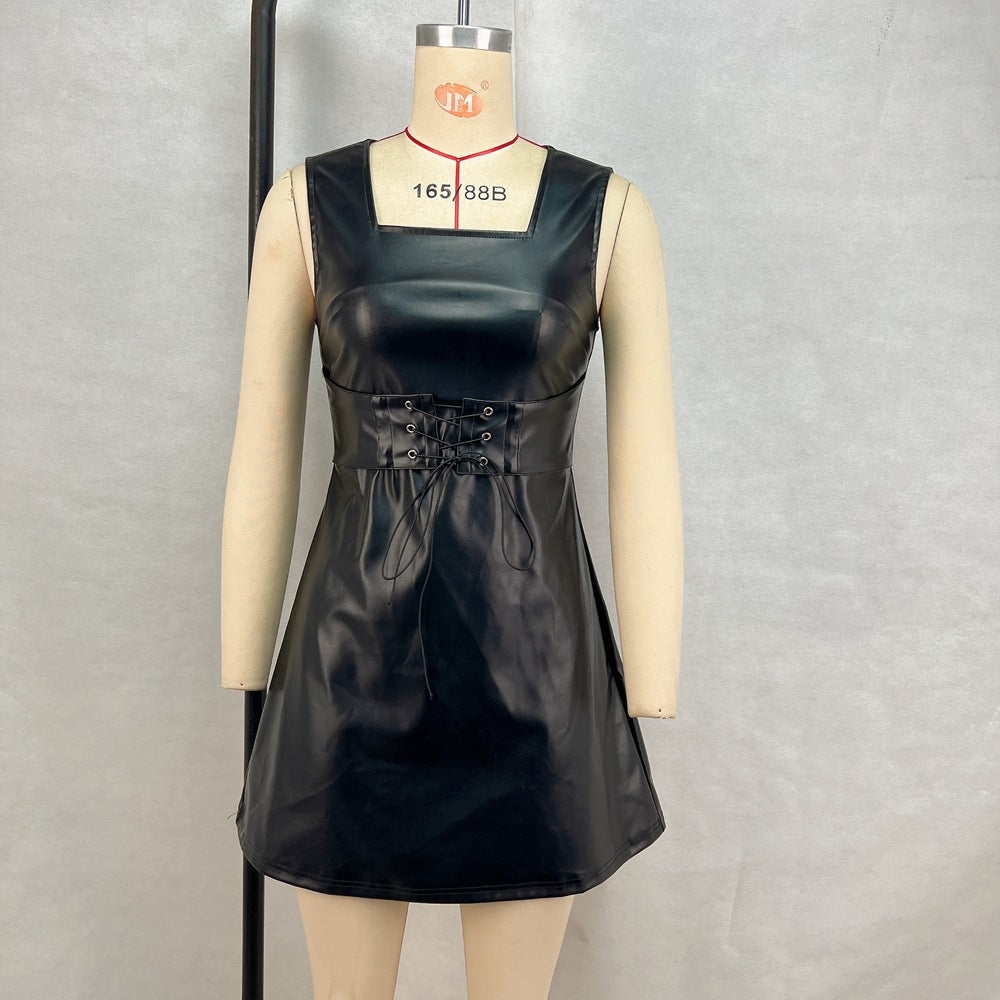 Women Clothing Faux Leather Waist Square Collar Solid Color Lace up Slimming Sleeveless Mini Dress
