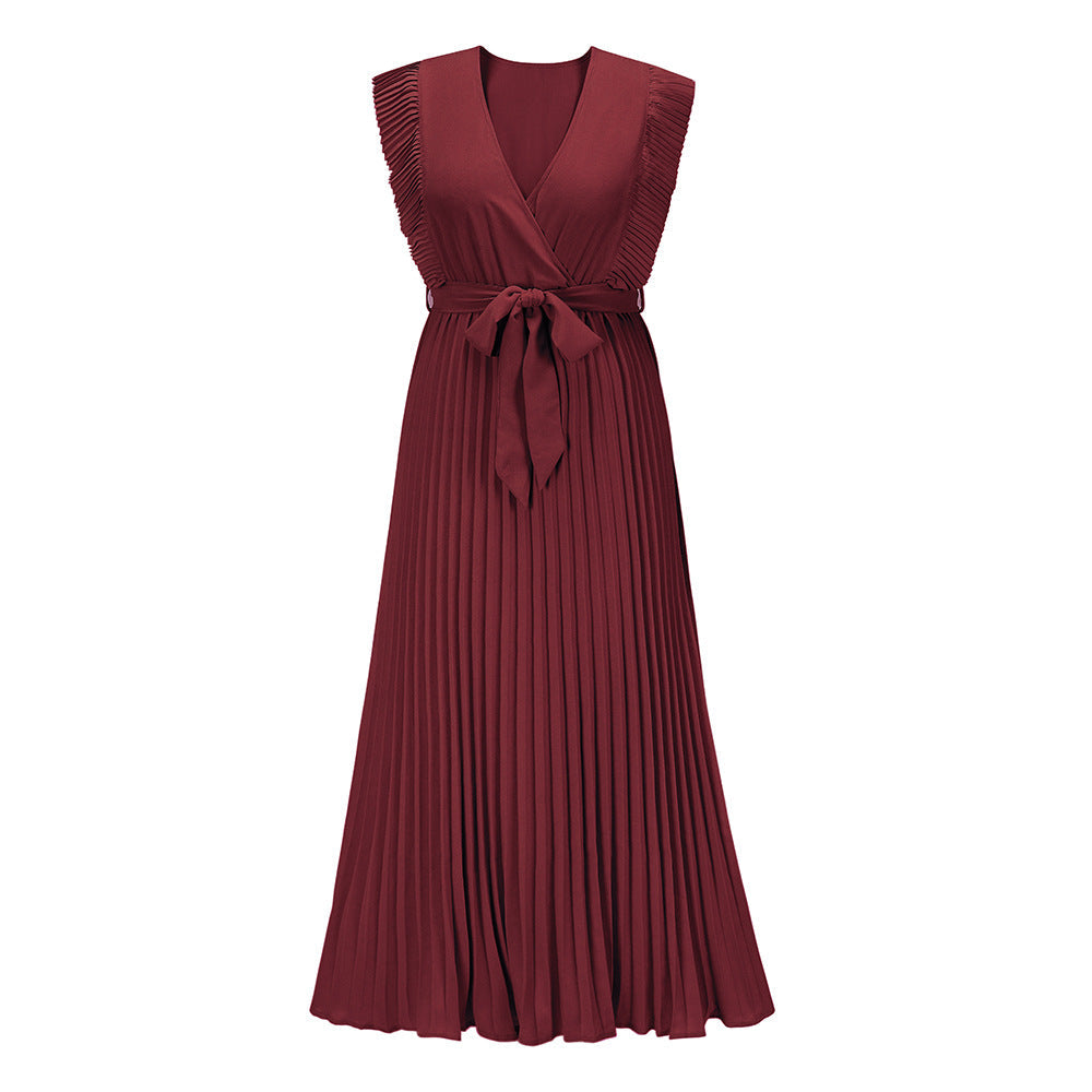 Elegant Beach Dress Fashionable Slim Fit Sexy Ruffle Sleeve Chiffon Pleated Solid Color Dress