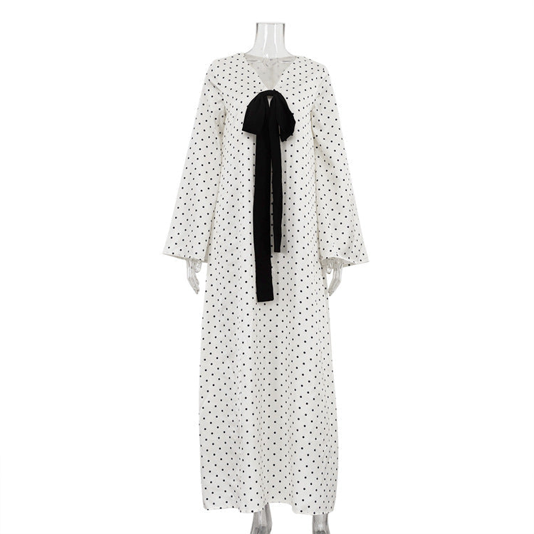 Design Bow V neck Long Sleeve Elegant Dress Women Digital Printing Polka Dot Maxi Dress