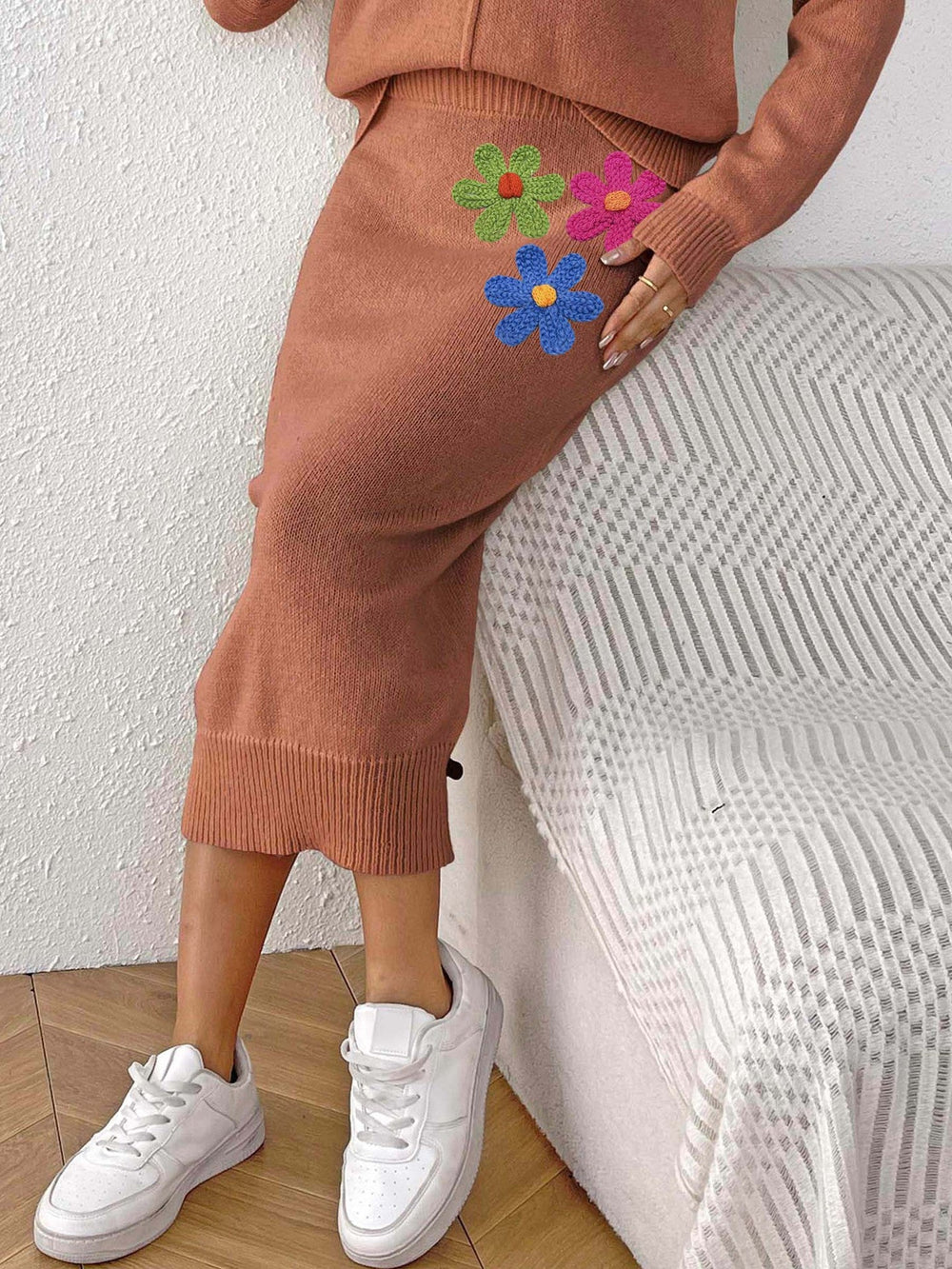 Women Clothing Mid Length Elegant Skirt Embroidered Floral Stitching Woolen Skirt