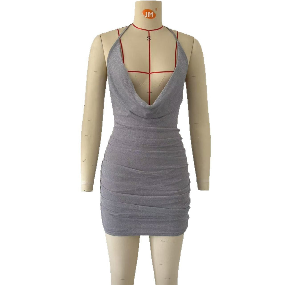 Women Sexy Low Cut Halter Hip Dress Pleated Slim Fit Backless Sexy Dress