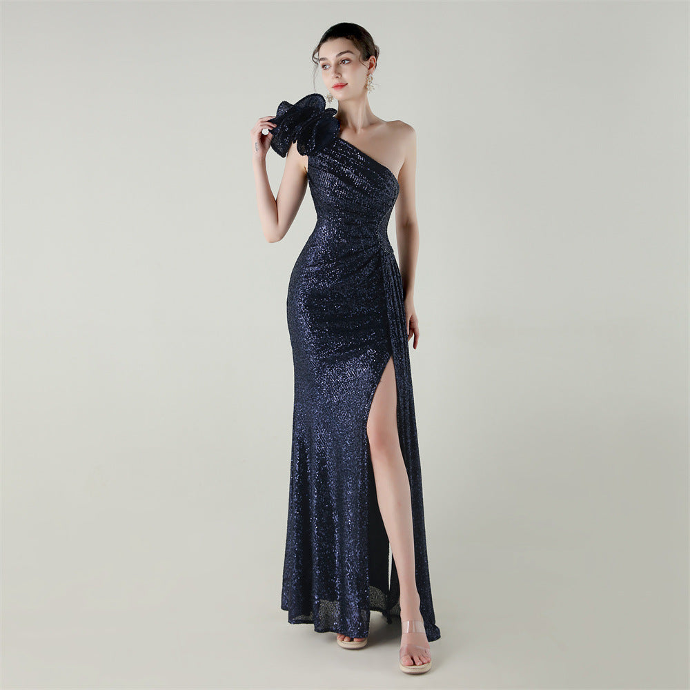 One Shoulder Sequin Craft Floral Beaded Slim Fishtail Evening Dress Award Ceremony High End Social Dress
