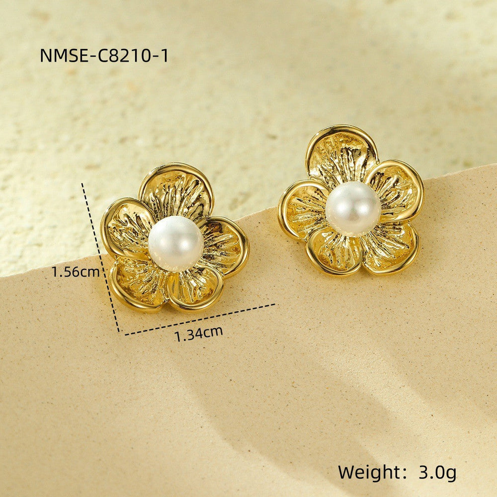 Gold Titanium Steel Petal Pearl Non Fading Stainless Steel Earrings Earrings