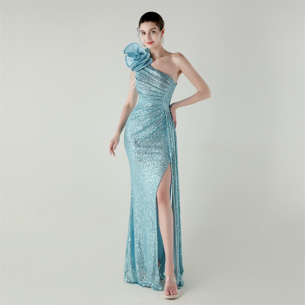 Craft Floral Beaded One Shoulder Diagonal Collar Fishtail Evening Dress Dinner Wedding Awards Ceremony Social Dress