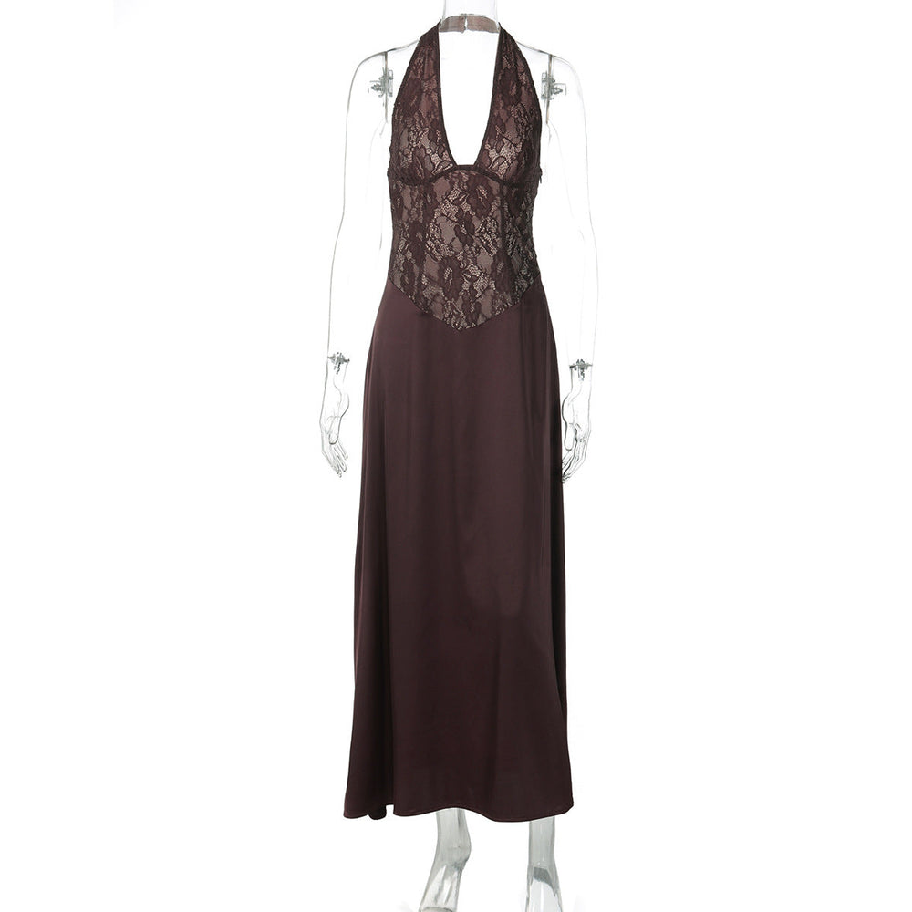Women Clothing Winter Hollowed out Backless Lace Patchwork Waist Slimming Deep V Plunge Sexy Halter Dress