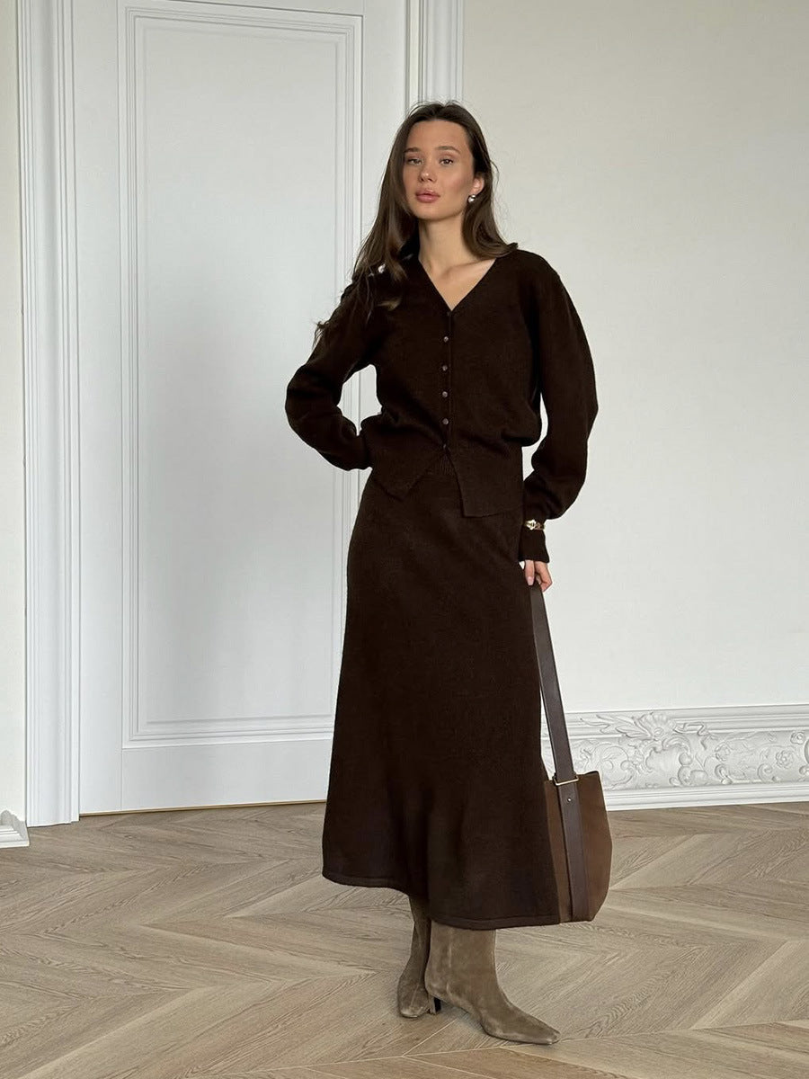 Loose Knitting Women Autumn Winter Button Cardigan Sweater Straight Skirt Sets