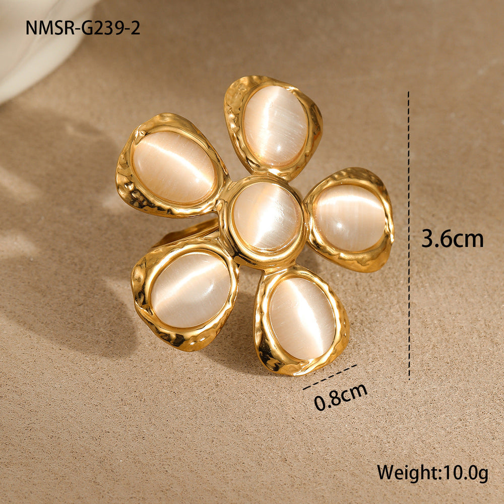 Vintage 18K Gold Stainless Steel High Grade Cat Eye Hammer Pattern Floral Earrings Eardrops