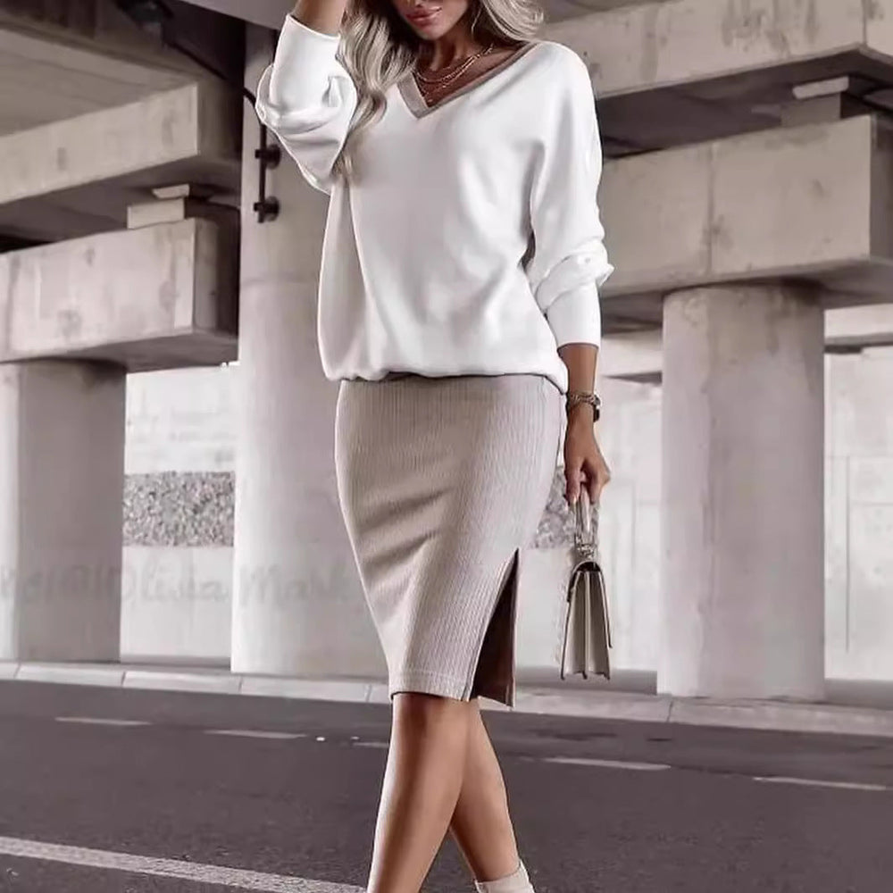 Women Wear Outing Casual Loose V neck Sweatshirt Tight Skirt Long Sleeved Top Two Piece Set