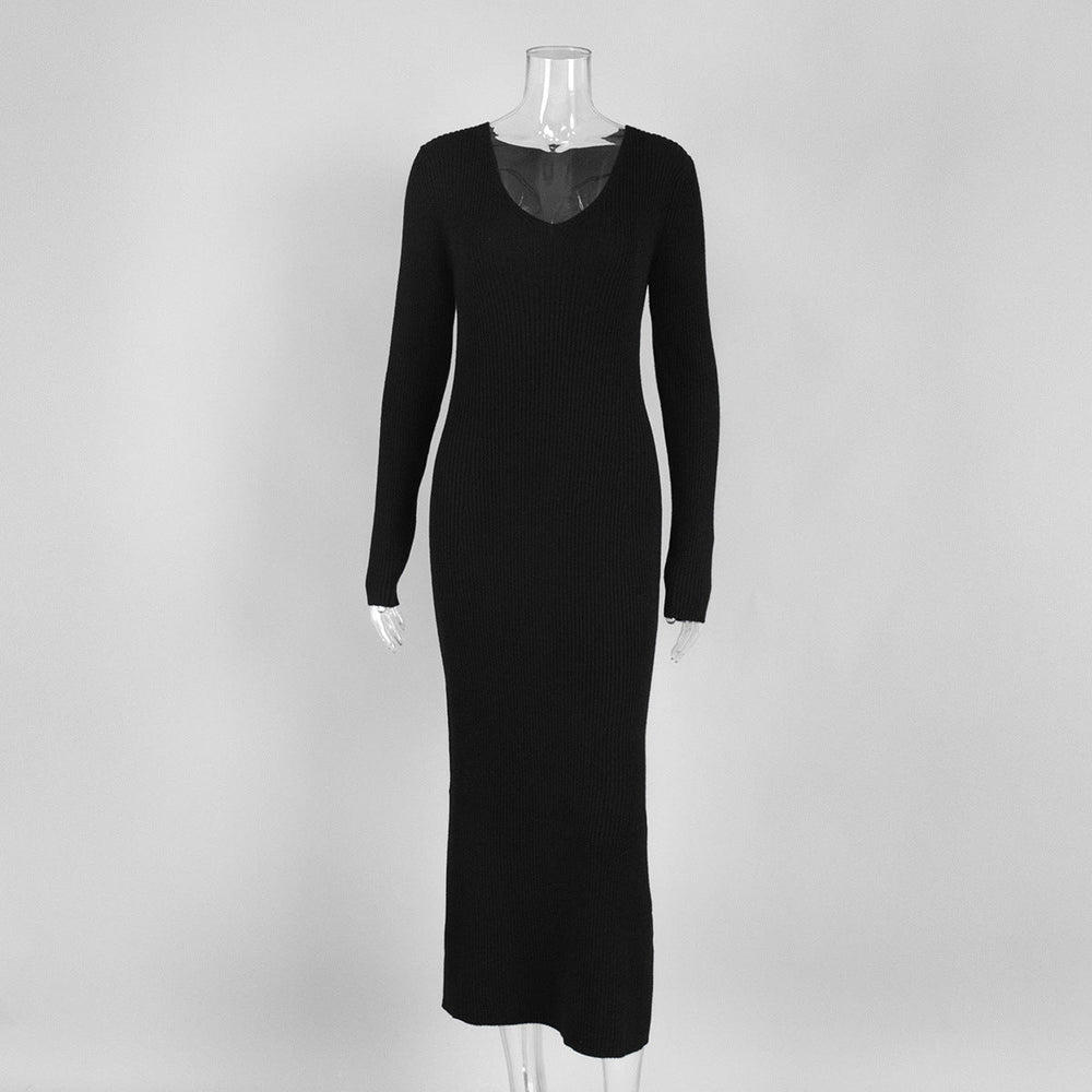 Solid Color Long Sleeve Dress Women Autumn Winter Elegant V neck Slim Hip Knitwear Dress