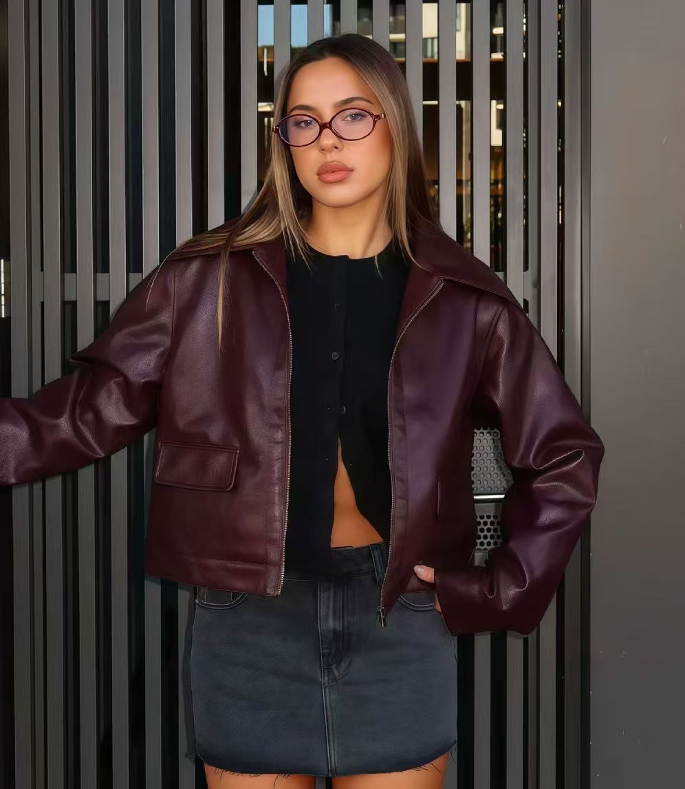Women All Match Faux Leather Short Motorcycle Jacket Ladies Loose Casual Zip Coat