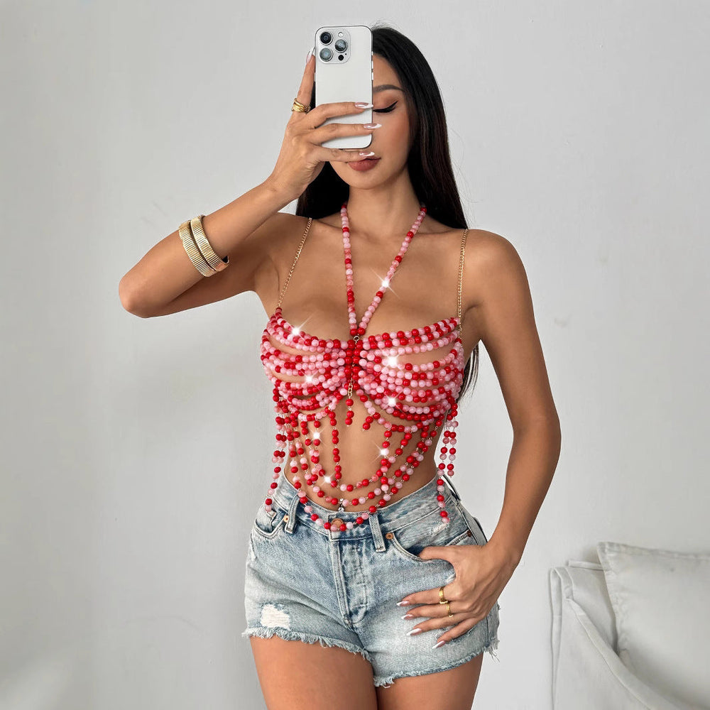 Multi Layer Pearl Sexy Bra Backless Halter Hollow Out Cutout out Camisole